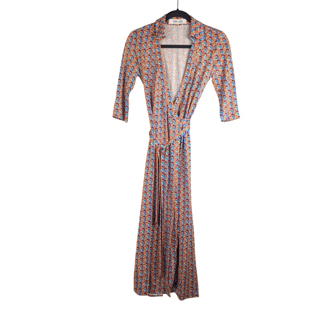 XS Diane von Furstenberg Silk Jersey Joanne Wrap Dress Orange Blue Teal Floral